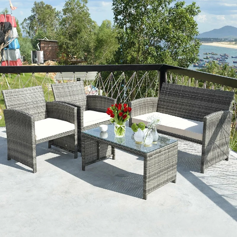 4PCS Rattan Patio Furniture Set Garden Sofa Cushioned Seat Mix Gray Wicker