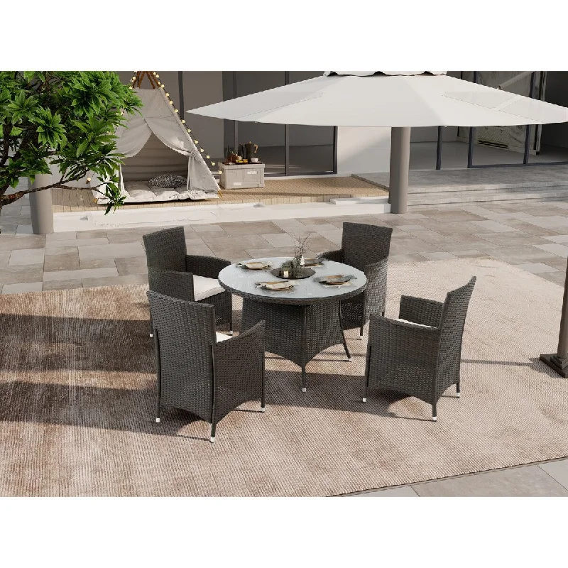 5 Piece All-Weather Wicker Patio Outdoor Dining Set with Cushions,Round Tempered Glass Tabletop with Umbrella Cutout