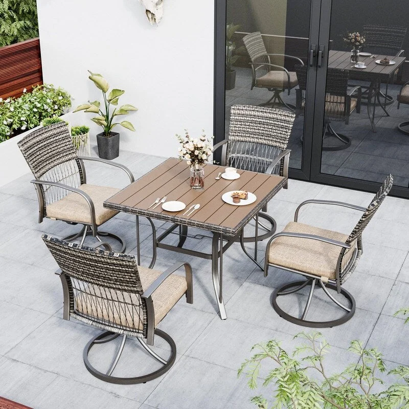 5-Piece Metal Patio Outdoor Dining Set with Square Table and Rattan Swivel Chairs with Cushion