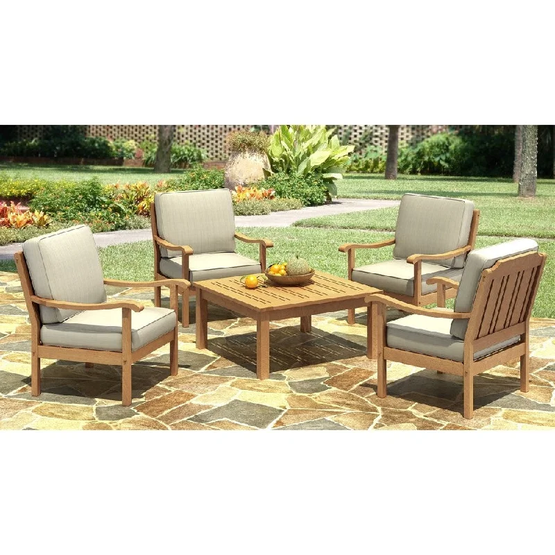 5-piece Oak Wood Finish Patio Set with Cushions