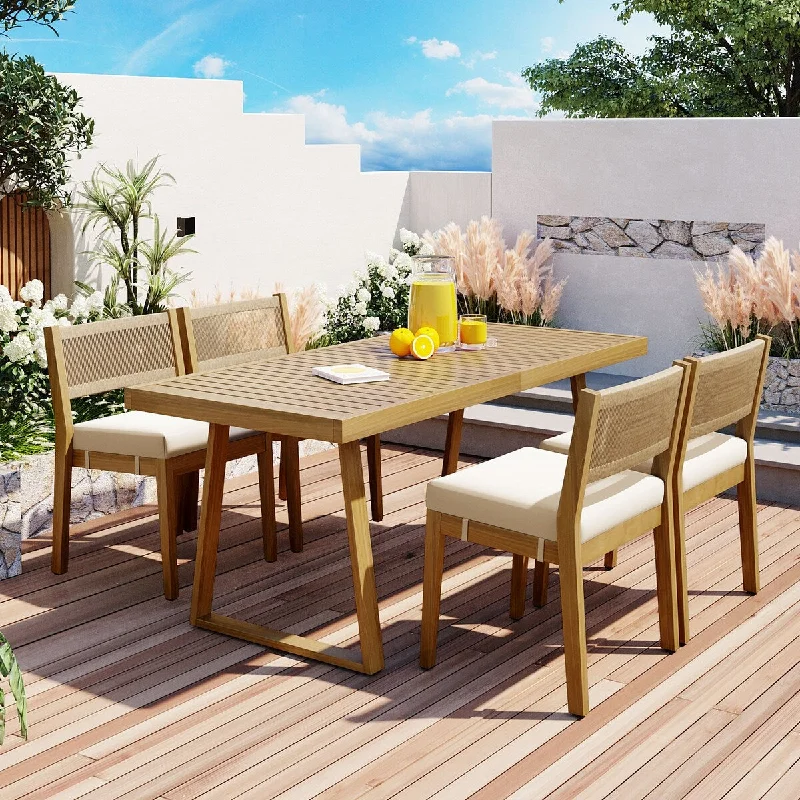 5 Piece Outdoor Acacia Wood Dining Table and Chair Set with Cushions