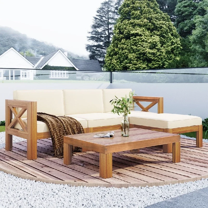 5-Piece Outdoor Backyard Patio Wood Sectional Sofa Seating Group Set with Cushions