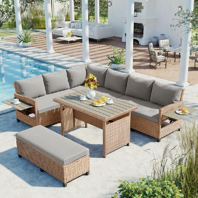 5-Piece Outdoor L-Shaped PE Rattan Sofa Set with 2 Extendable Side Tables, Dining Table and Cushions