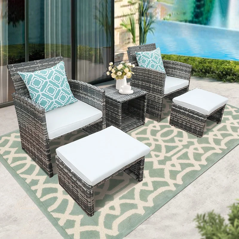 5-piece Outdoor Wicker Seating Set with Chair, Ottoman and Cushion