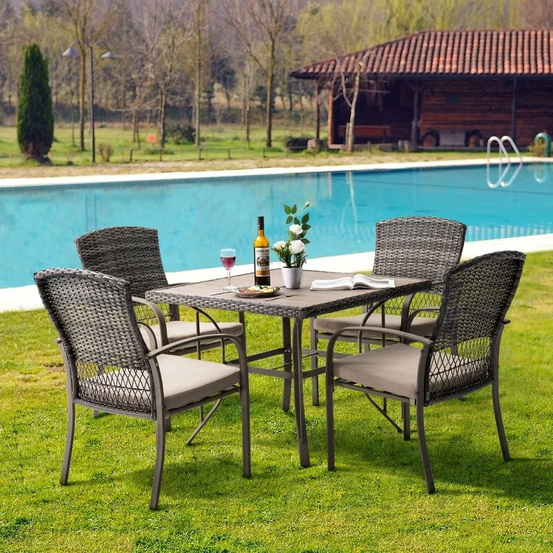 5-Piece PE Wicker Outdoor Dining Set with Cushions