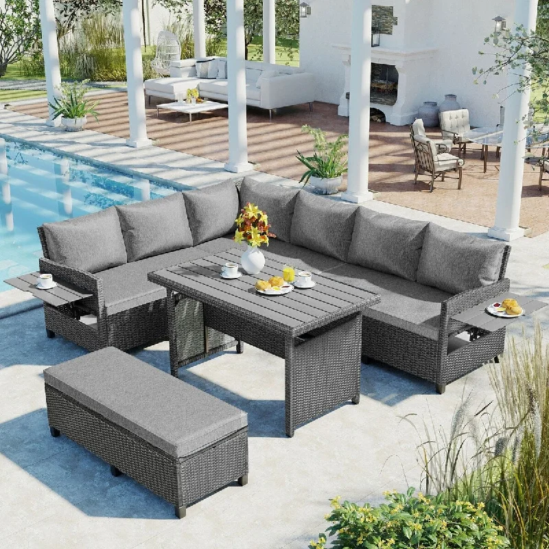 5-Piece Rattan Outdoor Dining Set with Grey Cushions