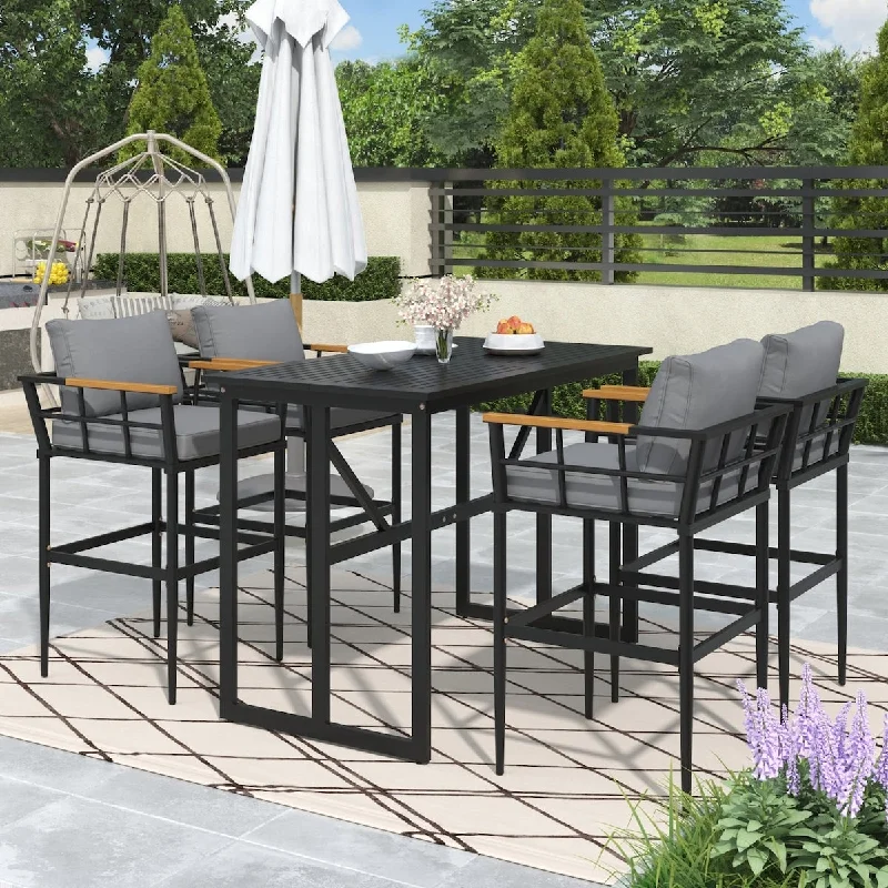 5-Piece Steel Outdoor Dining Set with Gray Cushions - 58.7" x 31.9" x 41.7"