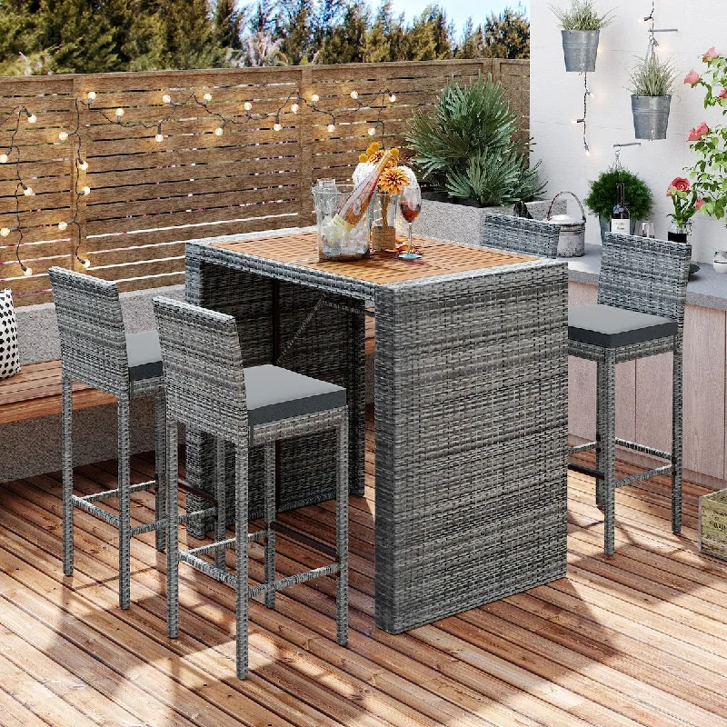 5-pieces Outdoor Patio Wicker Bar Set, Bar Height Chairs With Non-Slip Feet And Fixed Rope, Removable Cushion