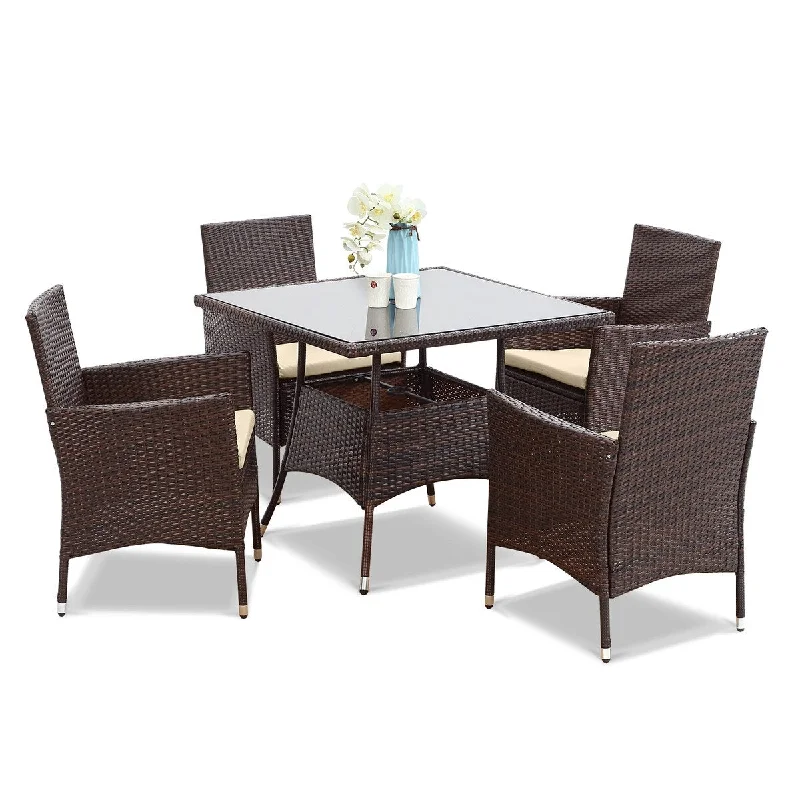 5-Pieces Patio Outdoor Dining Table Set with Beige Cushions and PE Rattan Wicker and Metal Frame