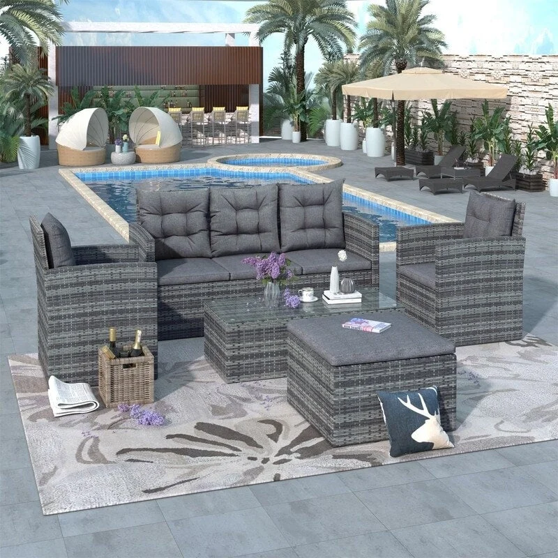 5pcs Outdoor Wicker Sofa Set with Storage Bench Cushions & Glass Table