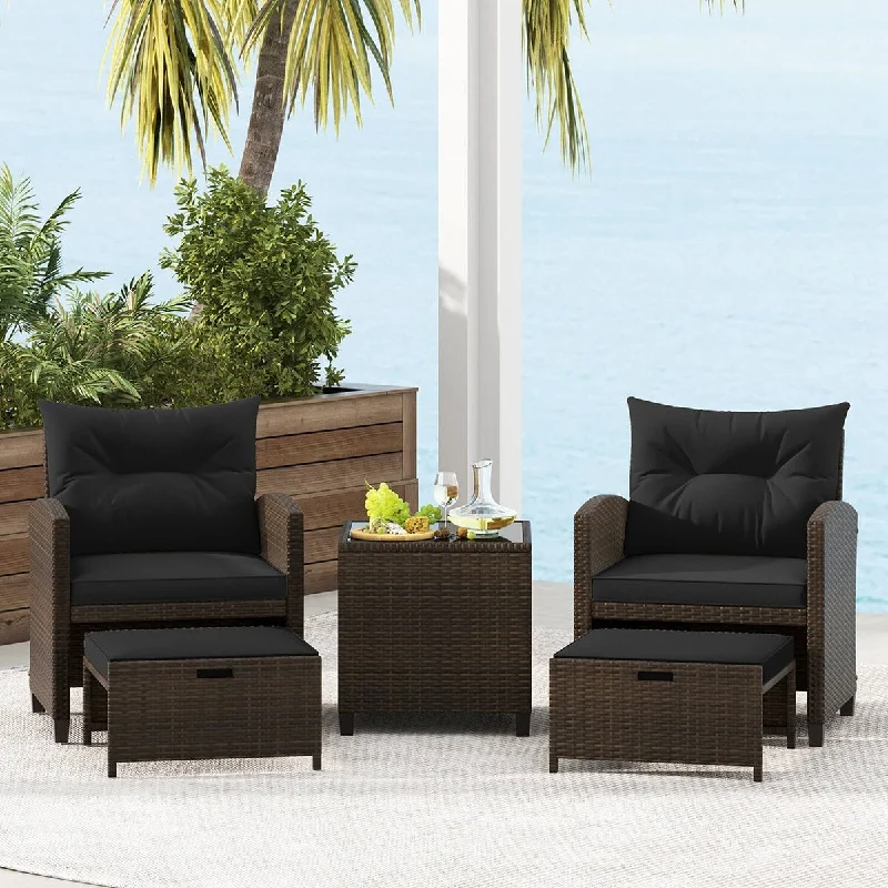 5PCS Patio Furniture Set w/ Ottoman Wicker Conversation Set w/Cushions