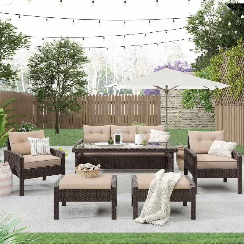 6-Piece Outdoor Patio PE Wicker Rattan Sofa Set with Removable Cushions, Tempered Glass Tea Table and 2 Chairs - N/A