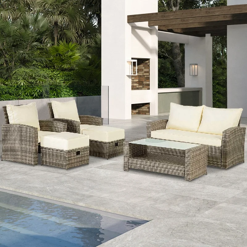 6-Piece Outdoor Rattan Furniture Sets with 2 Armchairs, 2 Ottomans, 1 Loveseat, 1 Coffee Table & Cushions