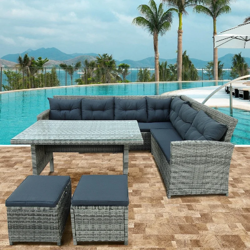 6-Piece Patio Furniture Set Outdoor Sectional Sofa with Glass Dining Table, 2 Ottomans and Cushions,Rattan L-Shaped Couch,Gray