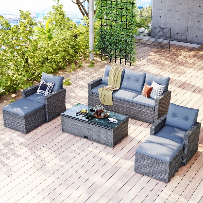 6-Piece PE Rattan Outdoor Patio Dining Sectional Set with Coffee Table, Sofas, Ottomans & Removable Cushions