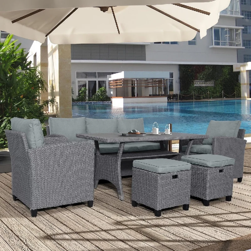 6-Piece Rattan Outdoor Dining Set with Grey Cushions