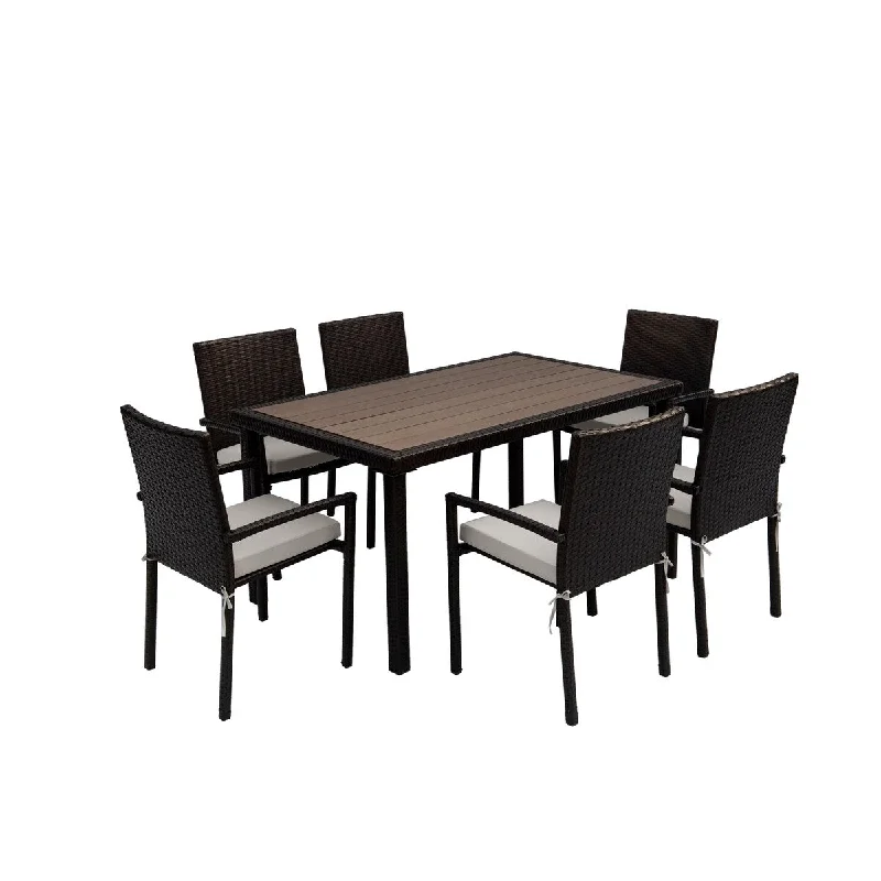 7-pc Brown Wicker Rectangle Outdoor Dining Set w/ Gray Cushions