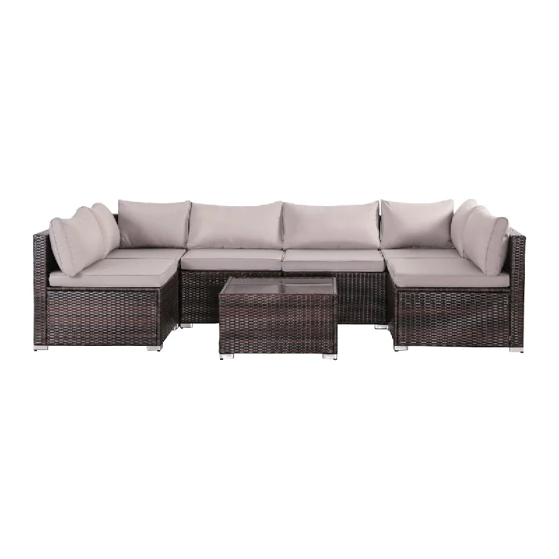 7-Piece Brown&Grey Outdoor Rattan Furniture Sets with 6 Sofas, 1 Coffee Table & Cushions