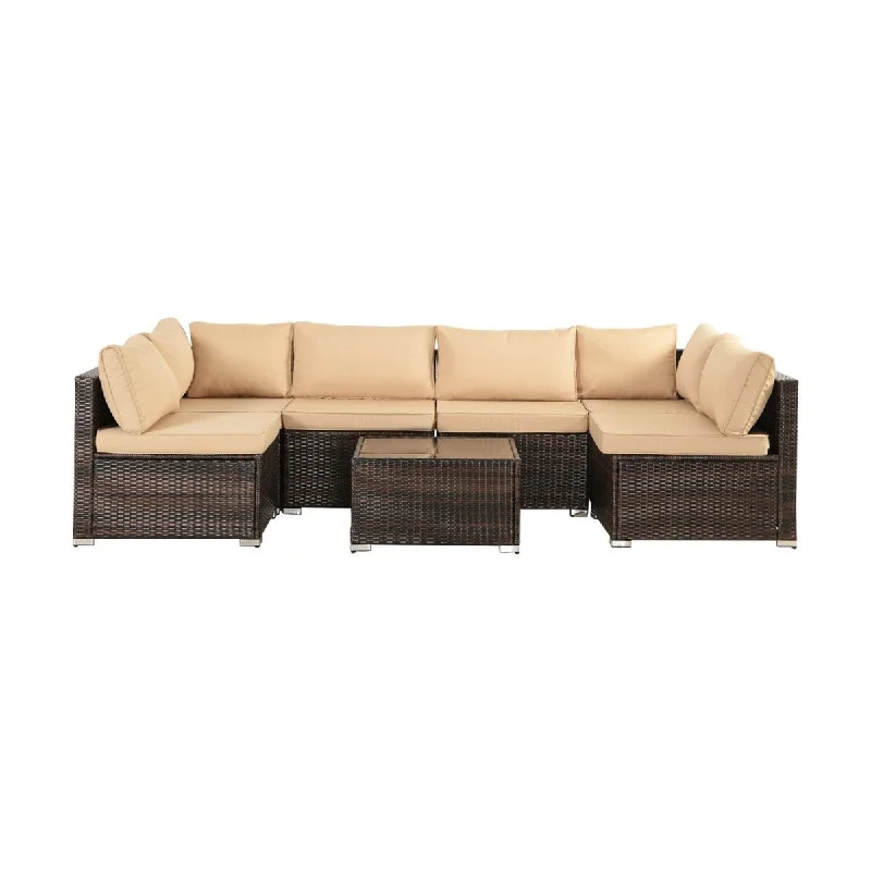 7-Piece Brown Outdoor Rattan Furniture Sets with 6 Sofas, 1 Coffee Table & Cushions