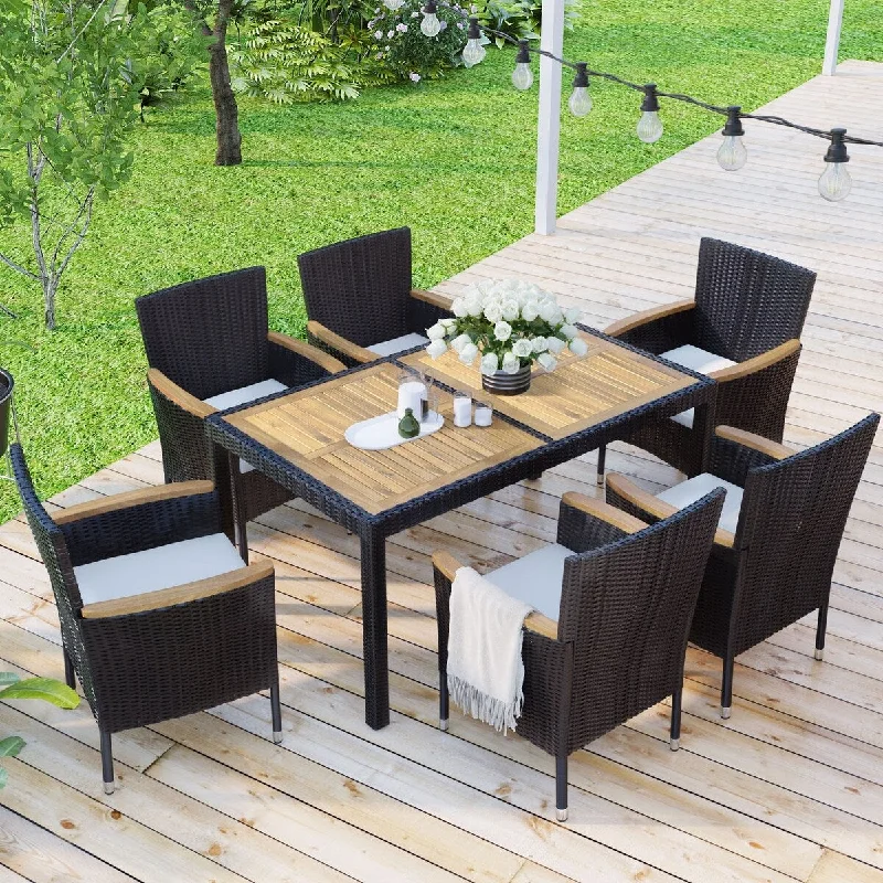 7-Piece Brown Wicker Outdoor Dining Set with White Cushions - 59.1'' x 35.4''