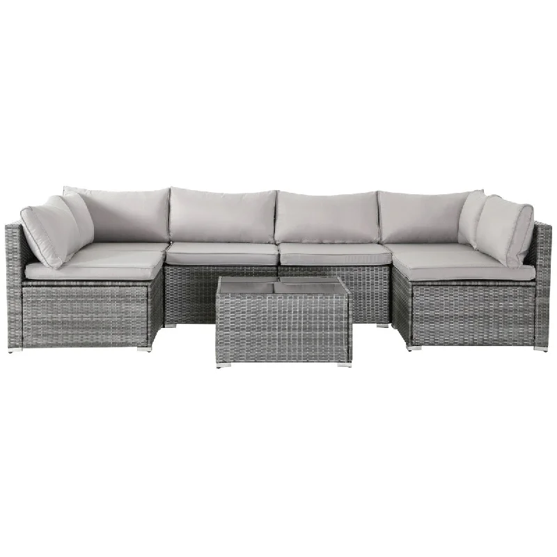 7-Piece Grey Outdoor Rattan Furniture Sets with 6 Sofas, 1 Coffee Table & Cushions