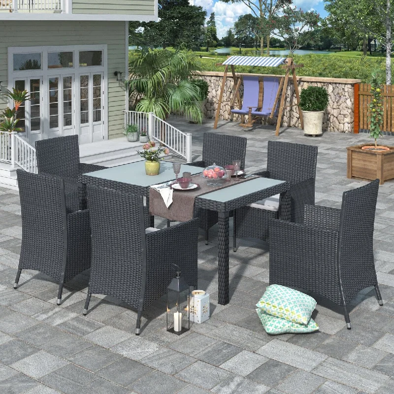 7-piece Outdoor Rattan Wicker Dining Table Set with Beige Cushion