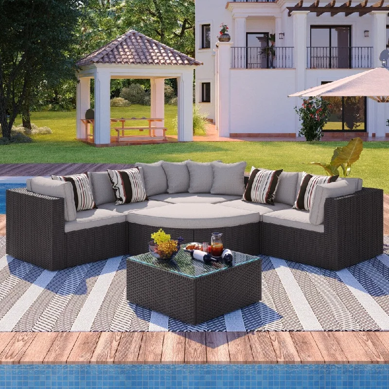 7-Piece Outdoor Rattan Wicker Sofa Set, with Pillows, Brown Wicker and Grey Cushion, for Patio, Garden, Deck