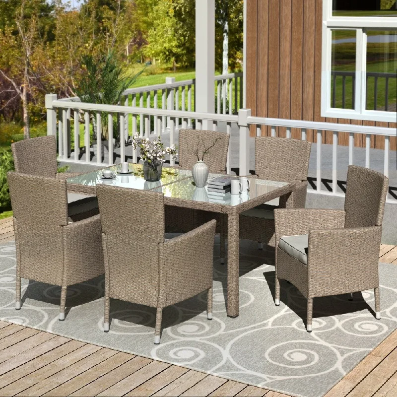 7 Piece Outdoor Wicker Dining Set with Beige Cushions