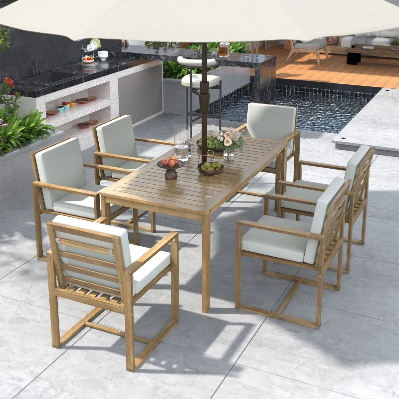 7-Piece Outdoor Wooden Rectangular Dining Table Set with 6 Chairs, Cushions (Parasol Not Included)