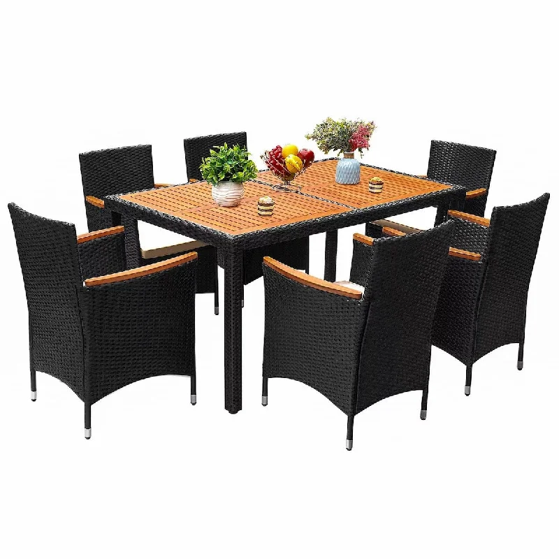 7 Piece Patio Dining Set Outdoor Acacia Wood Table and Chairs with Soft Cushions Wicker Patio Furniture for Backyard, Garden