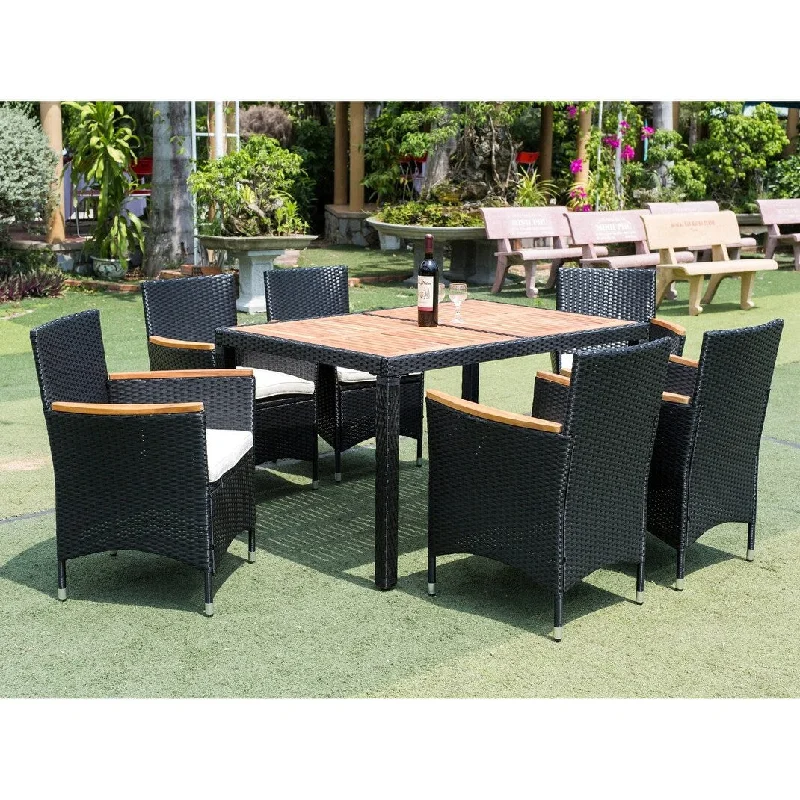 7-Piece Patio Wicker Outdoor Dining Set with Acacia Wood Top and Cushions - 51.2'' x 35.4''