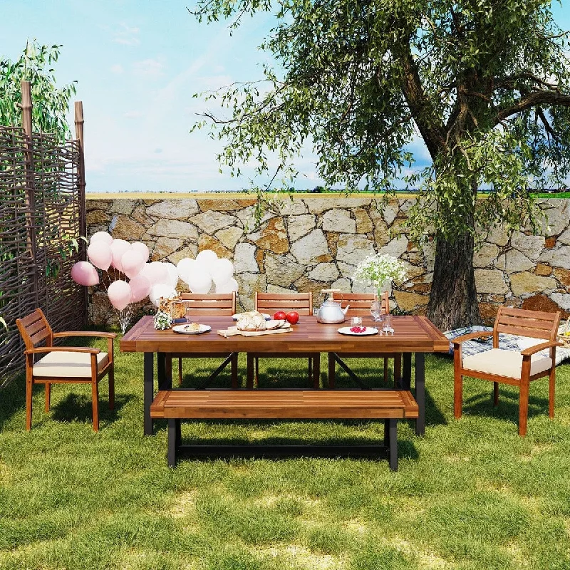 7-Piece Wicker Outdoor Dining Set with Removable Cushions, Ergonomic Chairs And Bench - 78.7'' x 36''