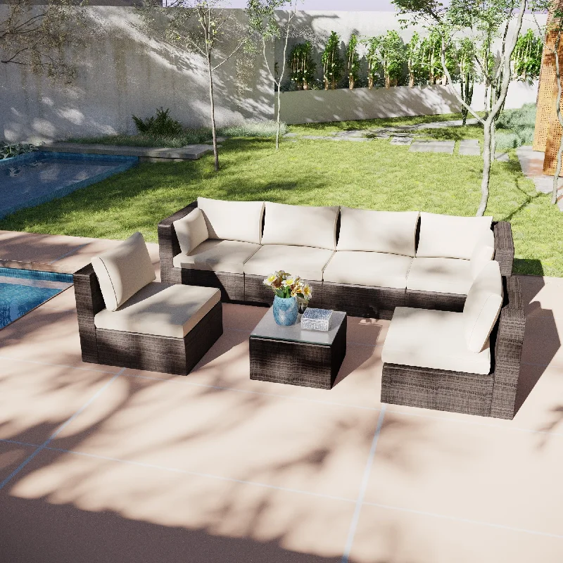 7-Piece Wicker Outdoor Sectional Set with Cushions and Coffee Table