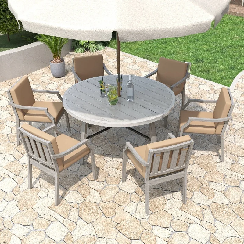 7-Piece Wood Outdoor Dining Set with Grey Cushions