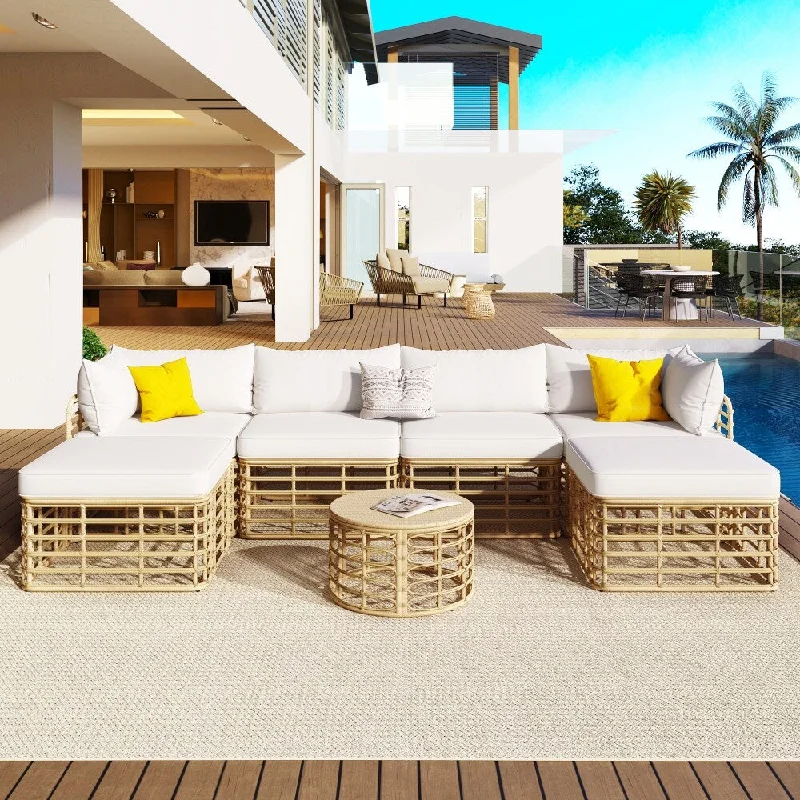 7-Pieces Outdoor Patio Rattan Sofa Set with Thick Cushions and Pillows for Garden, Backyard, Balcony