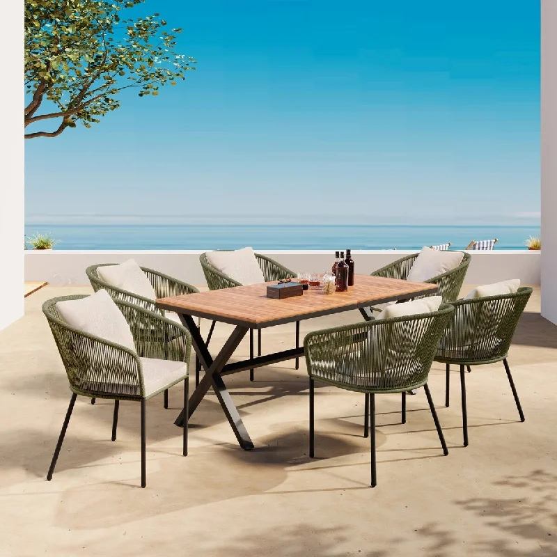 7 Pieces Patio Dining Set, All-Weather Outdoor Furniture Set with Dining Table and Chairs with Cushions - 59'' x 35.4''