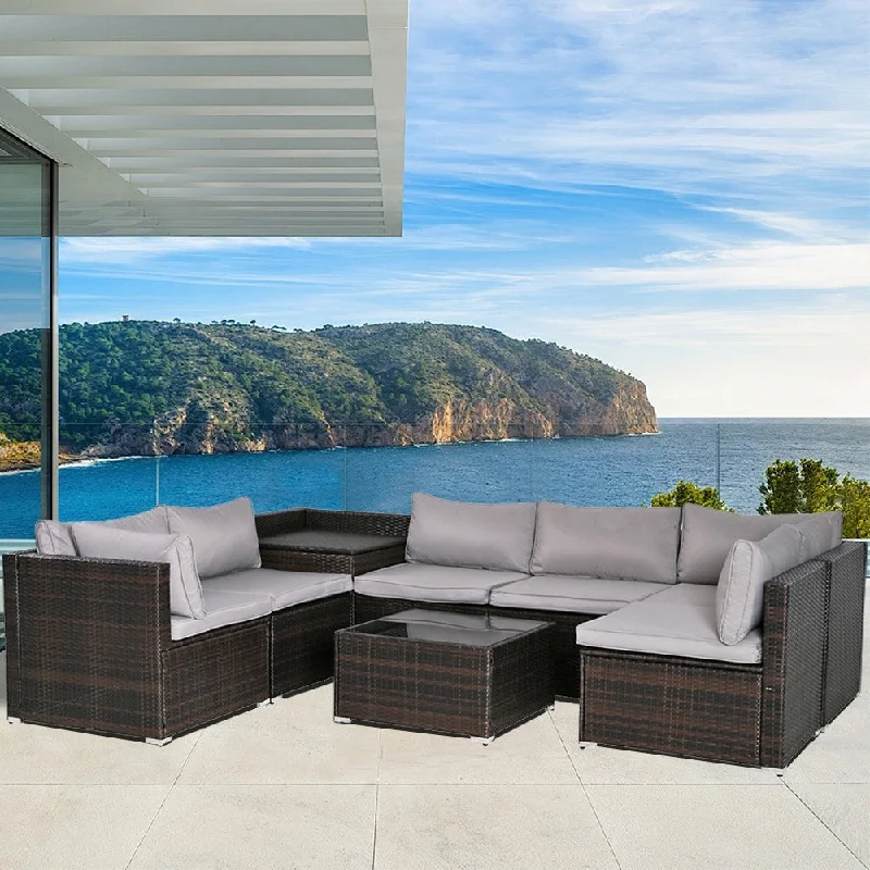 8-Piece Brown&Grey Outdoor Rattan Furniture Sets with 6 Sofas, 1 Coffee Table, Storage Box & Cushions