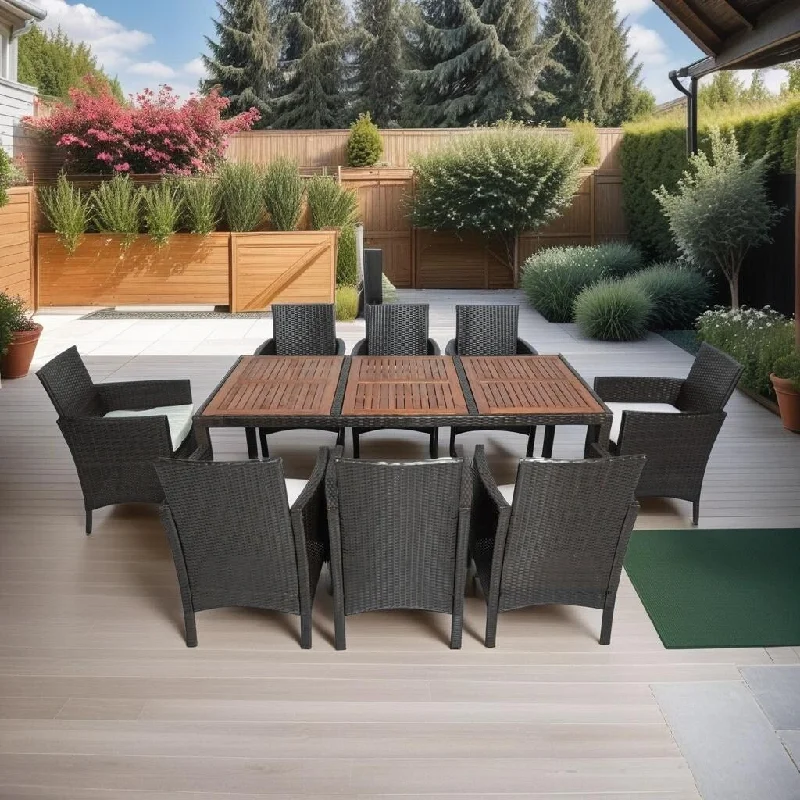 9-Piece Brown Wicker Outdoor Dining Set with Creme Cushion and Acacia Wood Top - 74.8'' x 35.4''