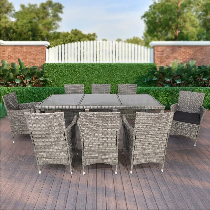 9-Piece Gray Wicker Outdoor Dining Set with Cushion and Glass Top - 74.8'' x 35.4''