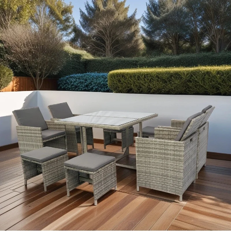 9-Piece Gray Wicker Outdoor Dining Set with Cushions and Glass Table - 42.9'' x 42.9''