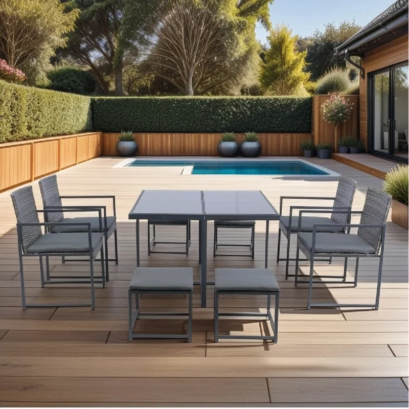 9-Piece Metal Patio Outdoor Dining Sets with Glass Table Top and Grey Cushion - 42.91'' x 42.91''