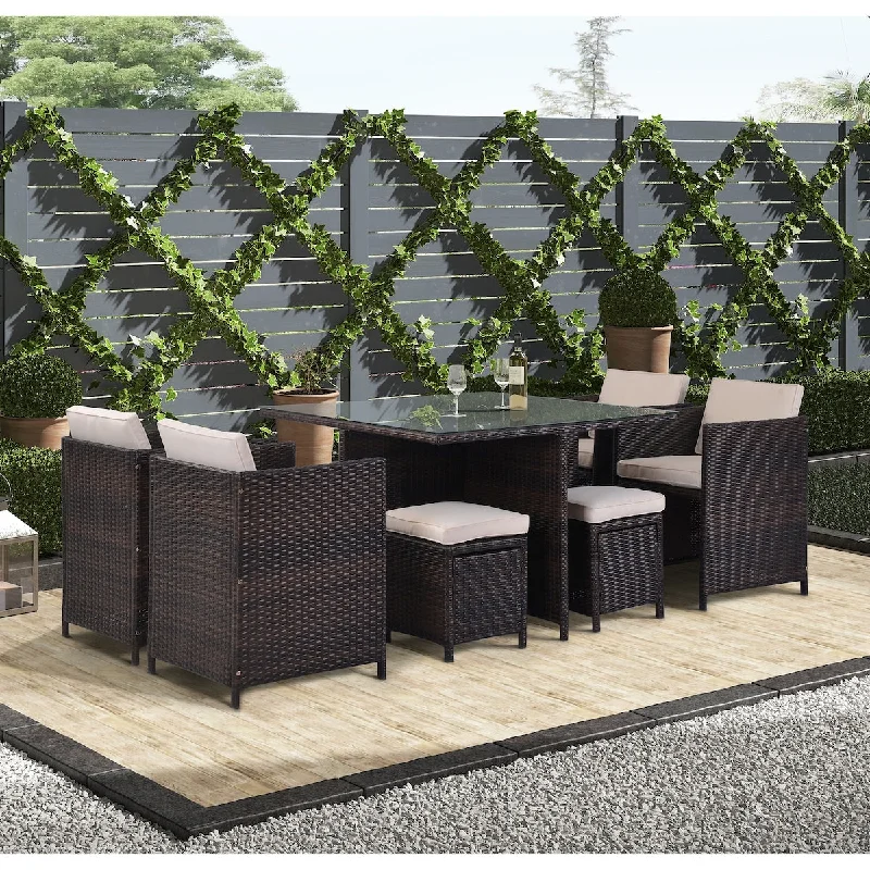 9 Piece Rattan Conversation Set with Cushions, Patio Rattan Dining Set