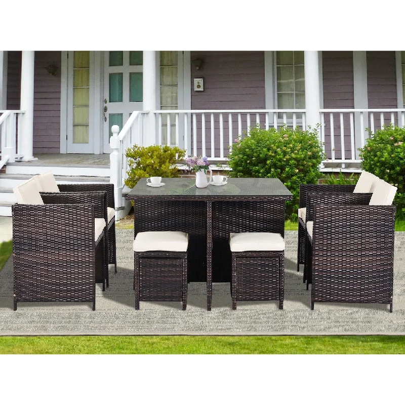 9 Piece Rattan Conversation Set with Cushions, Patio Rattan Dining Set