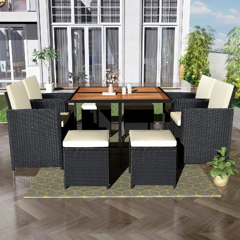 9-Piece Rattan Outdoor Dining Set with Beige Cushions