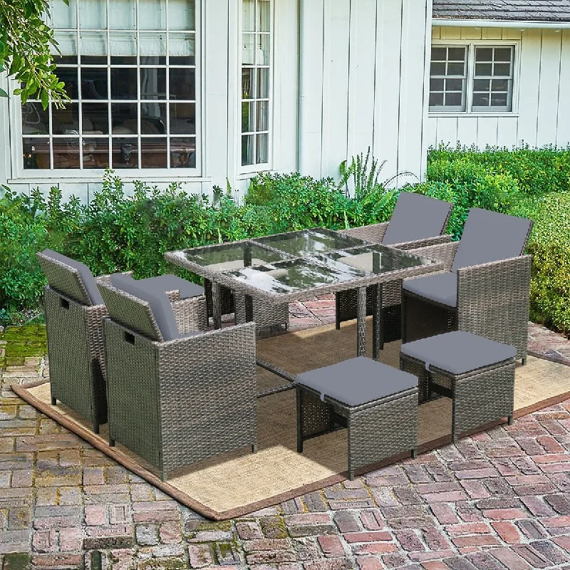 9-Piece Rattan Outdoor Patio Dining Set with Dark Navy Cushions