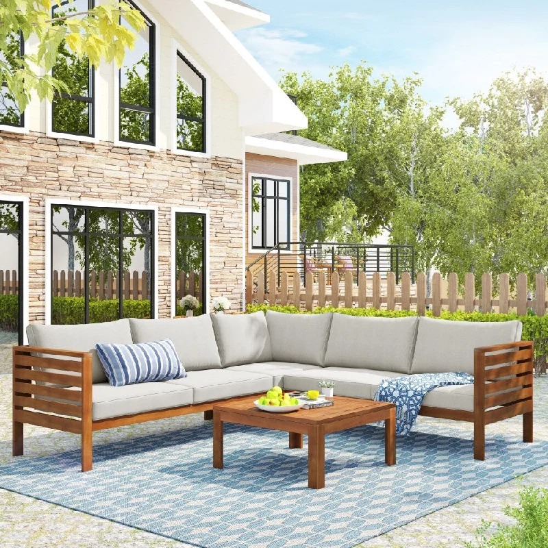 Acacia Wood Structure Outdoor Sofa Set with Cushions, Water-resistant and UV Protected