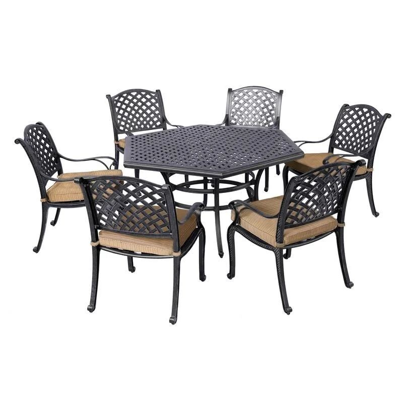 Aged Bronze Aluminum 7 Piece Dining Set with Cushion Arm Chairs