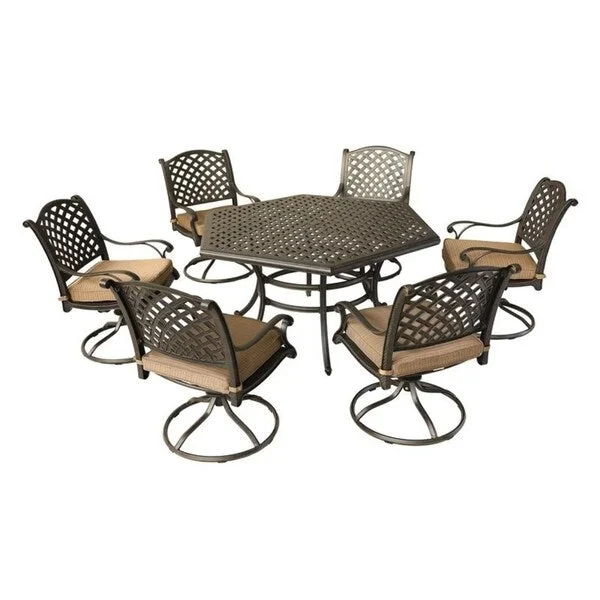 Aged Bronze Aluminum 7 Piece Dining Set with Cushion Swivel Rockers