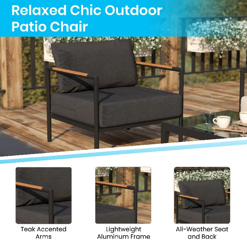 Aluminum Frame Patio Chair with Teak Arm Accents and Plush Cushions - 32.5"W x 29.5"D x 24.5"H