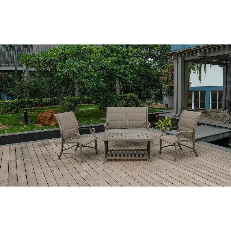 Aluminum Patio Chat Set with Faux Wood Top Table & Quick Dry Cushioning 4PCS SET